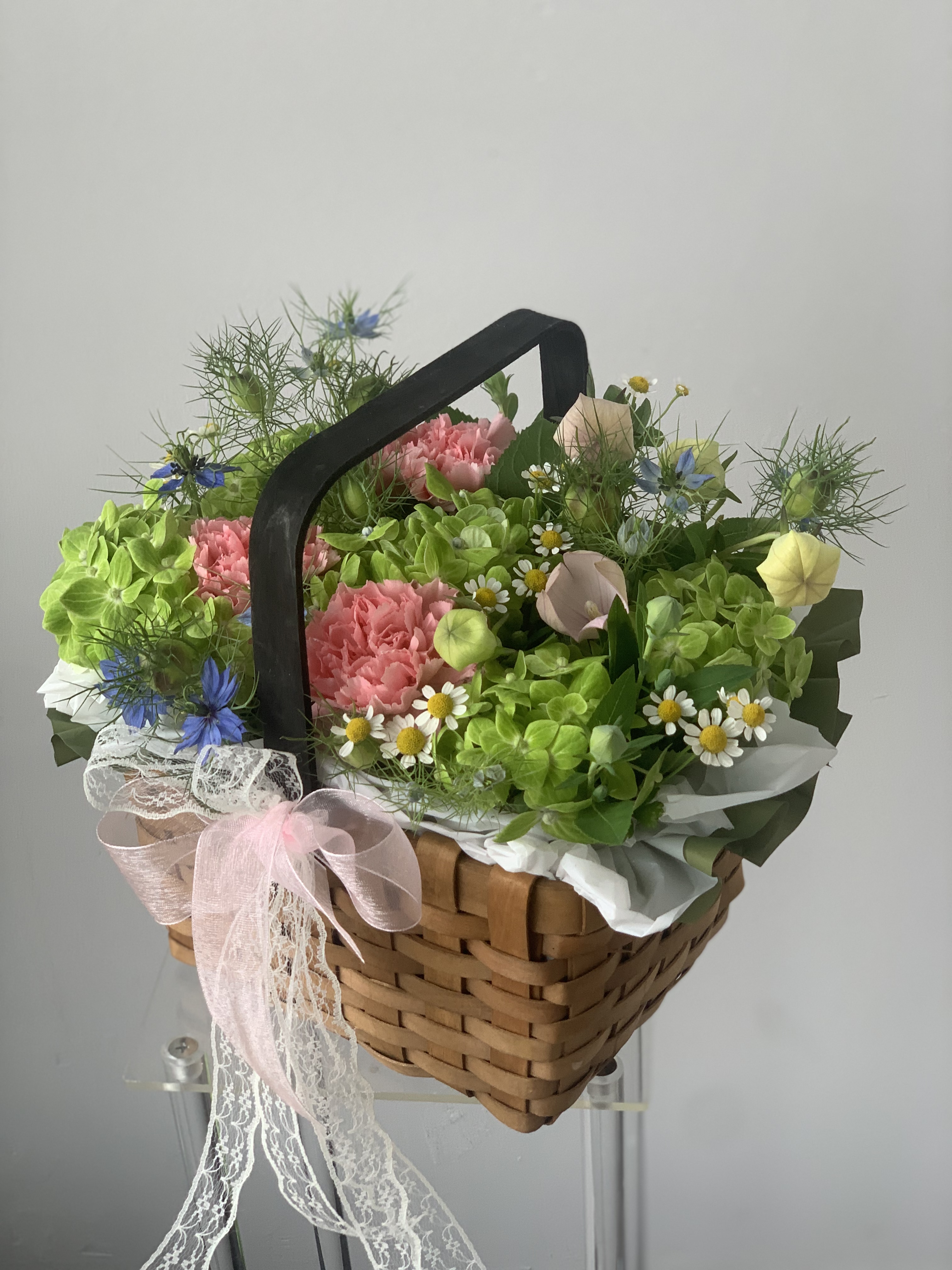 Корзина с гортензией и гвоздиками